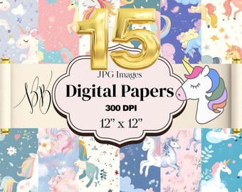 Papel digital de unicornio pastel: fondos infantiles sin costuras (15 JPG, 300 DPI)