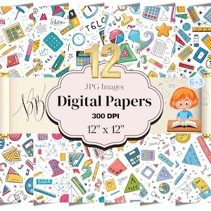 Può includere: Pacchetto di carta digitale con motivi colorati a tema scolastico, con calcolatrici, matite e righelli. L'immagine include uno striscione con il testo "12 JPG Images Digital Papers 300 DPI 30.48 cm x 30.48 cm" e un'illustrazione di un cartone animato.