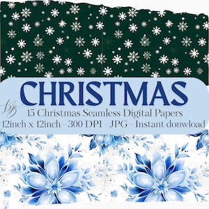 May include: Digital paper set featuring Christmas-themed designs. Includes a dark green background with white snowflakes, and a floral pattern with blue flowers on a white background. The text "CHRISTMAS" is displayed prominently.
