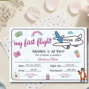 初めての飛行機搭乗証明書Canvaテンプレート、子供向け編集可能な飛行機旅行賞状、初めての飛行機搭乗記念品を印刷可能、すぐにダウンロード可能