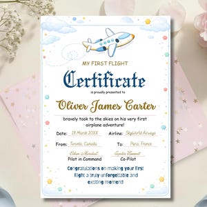 May include: A certificate with the text "MY FIRST FLIGHT" and "Certificate" in a decorative font. The certificate includes the name "Oliver James Carter" and details about a first airplane adventure. The design features an airplane illustration and cloud accents.
