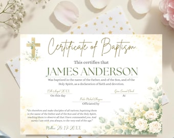 May include: A baptism certificate with a gold cross and floral accents. The certificate features the text "Certificate of Baptism" and includes space for the recipient's name, date, and church information. The design incorporates a soft, watercolor-like background.