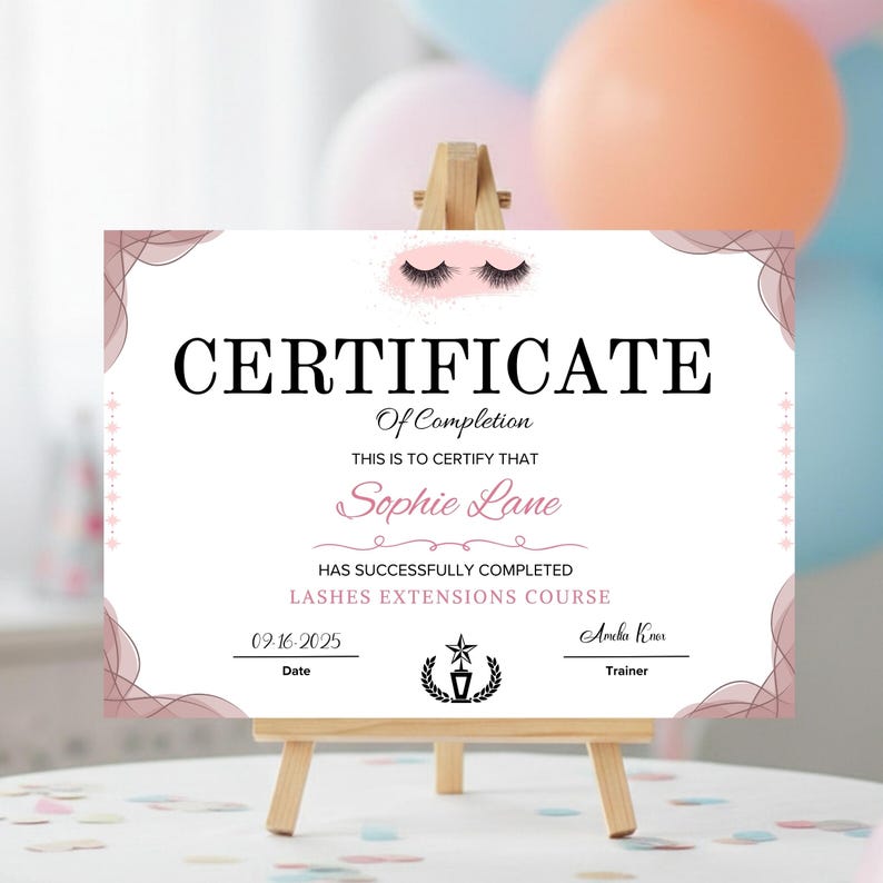 Lash training award certificate printable for esthetician certification programs