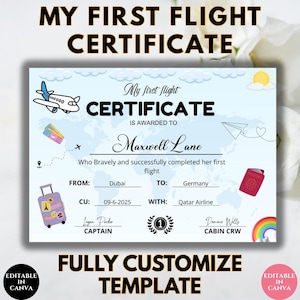 Pode incluir: Um certificado personalizável com o texto "MY FIRST FLIGHT CERTIFICATE". O certificado inclui ilustrações de um avião, uma mala, um passaporte e um arco-íris. O certificado é concedido a Maxwell Lane.