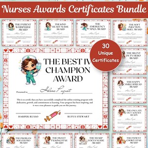 May include: A collection of nurse awards certificates, including "The Best IV Champion Award" and "The Emergency Ninja Award." The certificates have cartoon illustrations and a red and white design. The bundle contains 30 unique certificates.