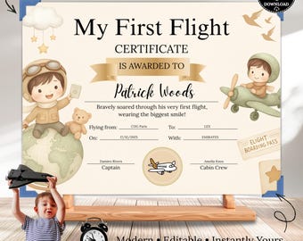 My First Flight Certificate for Kids - Editable Travel Keepsake, Flight Bravery Award & Milestone Vacation Gift
