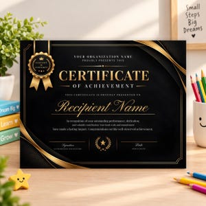 May include: A black and gold certificate of achievement featuring the text "Certificate of Achievement" and "Recipient Name" in elegant gold lettering. The document includes a gold seal with a crown icon and decorative gold border accents.