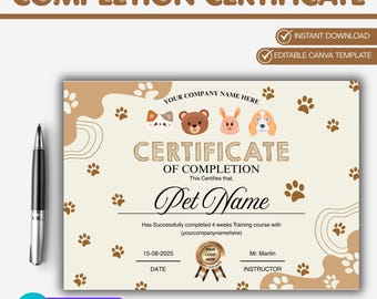 Editable Pet Training Certificate Template - Printable Puppy Graduation & Obedience Completion Award