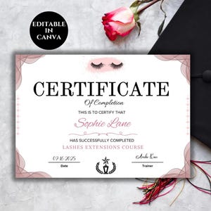 Beauty academy certificate of completion editable Canva template for lash course graduates