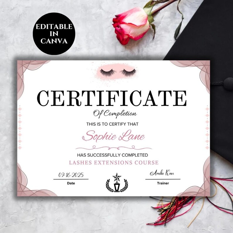 Beauty academy certificate of completion editable Canva template for lash course graduates