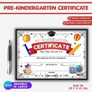 Könnte beinhalten: Eine Vorschulurkunde mit schwarzem Rand, mit Illustrationen von Sonne, Bleistift, Ballon und Globus. Die Urkunde enthält den Text "PRE-KINDERGARTEN CERTIFICATE" und "Hip, Hip, Hooray For:". Die Größe beträgt 29,7 x 21 cm.