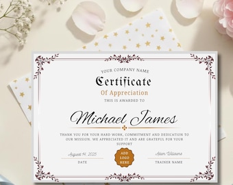 Certificate of Appreciation Template, Employee Recognition Certificate, Editable Award Certificate Printable Thank You Certificate