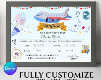 Editable First Flight Certificate Template Canva, My First Airplane Adventure Award for Kids, Printable Travel Keepsake, Digital Download