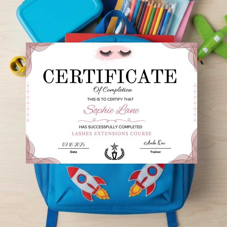 May include: A certificate of completion for a lashes extensions course. The certificate has a pink border and features the name "Sophie Lane". The date is 16-09-2025. The certificate is on top of a blue backpack with rocket ship designs.