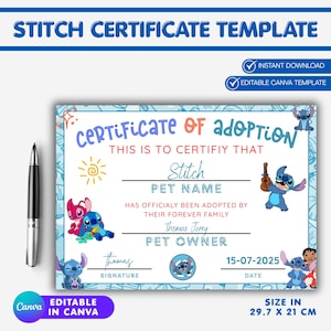 May include: A blue and white Stitch Certificate Template with the text "Certificate of Adoption". The certificate includes illustrations of Stitch and a sun. The size is 11.7 x 8.3 inches. Includes a pen.