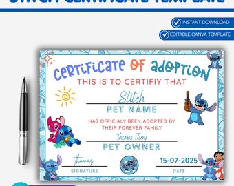 Stitch Adoption Certificate Template: Editable Kids Keepsake (Digital Download, Canva Template A4 Size)
