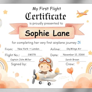 初めての飛行証明書テンプレート、Canvaで編集可能な子供用旅行記念品、飛行機勇敢賞の印刷物、初めての飛行機搭乗