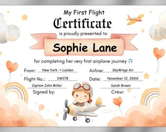 My First Flight Certificate Template, Editable Canva Kids Travel Keepsake, Printable Airplane Bravery Award, First Plane Ride