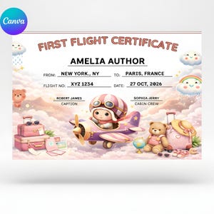 Può includere: Un fantasioso "Certificato di Primo Volo" con un pilota di cartoni animati su un aereo rosa. Il certificato include il testo "AMELIA AUTHOR", i dettagli del volo da New York a Parigi e la data del 27 ottobre 2026. Elementi decorativi: nuvole, un orsacchiotto e bagagli.