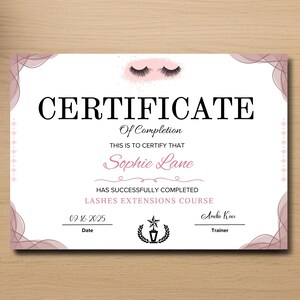 Professional beauty course completion certificate for lash technicians editable in Canva