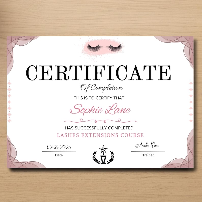 Professional beauty course completion certificate for lash technicians editable in Canva