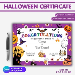 Könnte beinhalten: Eine Halloween-Urkunde mit lila Rand und festlichen Illustrationen. Die Urkunde lautet "Herzlichen Glückwunsch" und "Gewinner für das beste Kostüm". Enthält einen Kürbis, eine Hexe, einen Geist und andere Halloween-Grafiken. Größe: 29,7 x 21 cm.