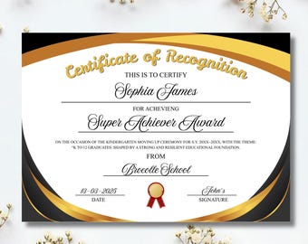 Modèle de certificat de reconnaissance modifiable Certificat de récompense imprimable, appréciation des réalisations, téléchargement immédiat Canva