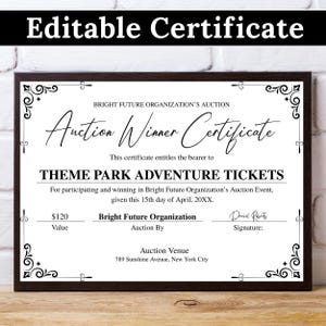 May include: An editable auction winner certificate in a dark brown frame. The white document features black text reading Auction Winner Certificate, Theme Park Adventure Tickets, Bright Future Organization, and a signature line for Daniel Roberts.