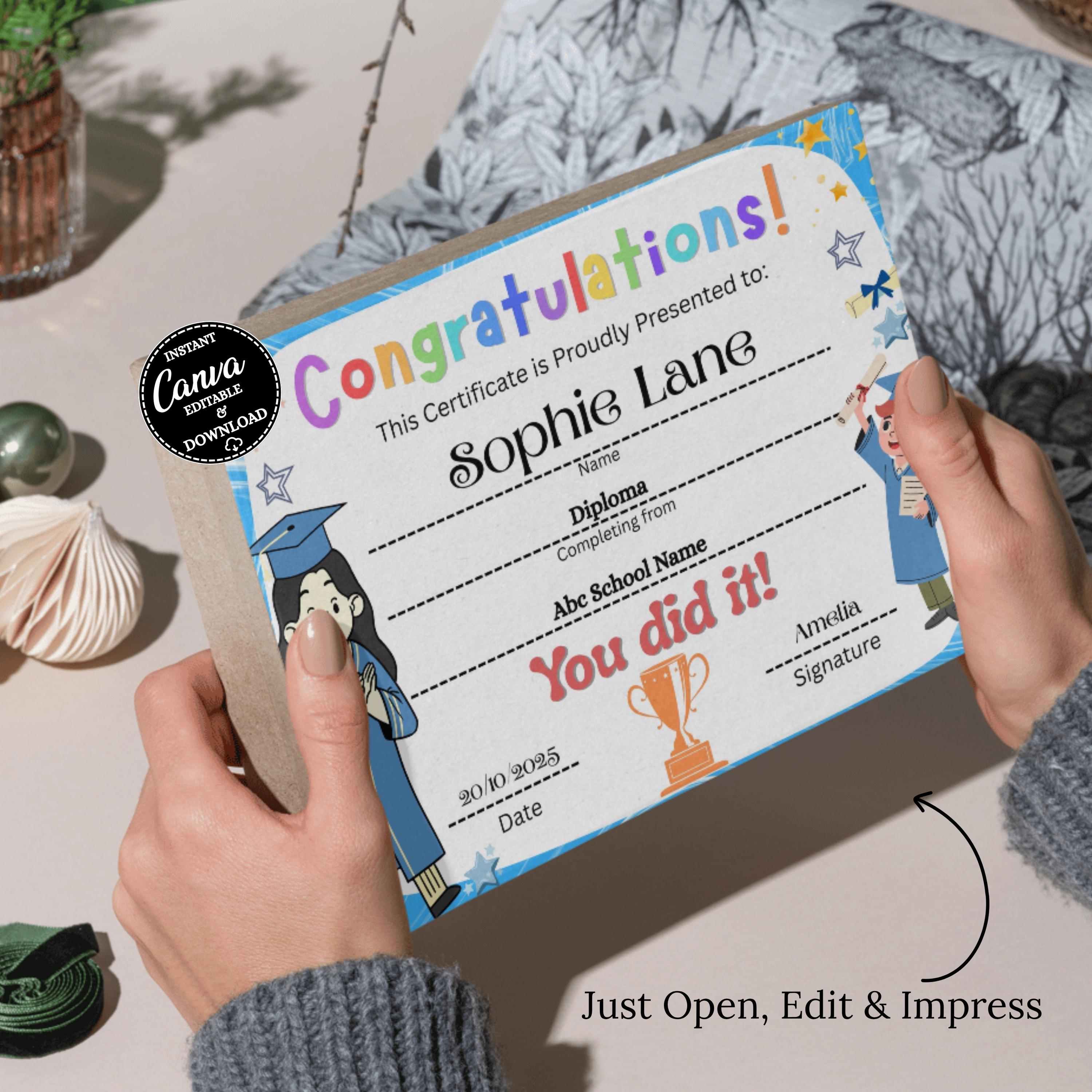 Editable Graduation Certificate Template: Printable Preschool ...