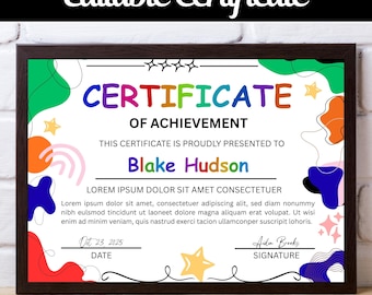 Plantilla editable de certificado de logros en Canva, certificado de premio imprimible, diploma de reconocimiento, descarga de certificado personalizado.