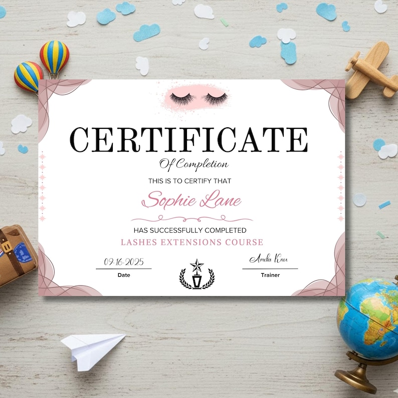 Customizable eyelash technician certification template printable professional award design