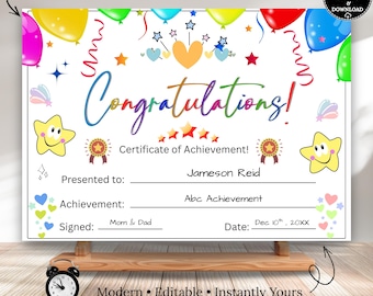 Editable Achievement Certificate Template – Printable Kids Award for School, Graduation & Homeschool (Digital Download)