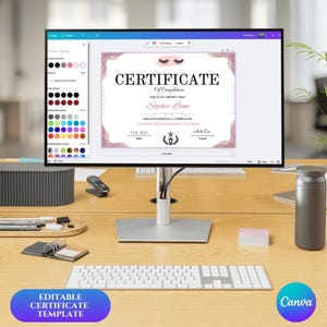 May include: A computer monitor shows a certificate template with the text "CERTIFICATE Of Completion" and "LASHES EXTENSIONS COURSE". The certificate has a pink and purple design. The words "EDITABLE CERTIFICATE TEMPLATE" are at the bottom.