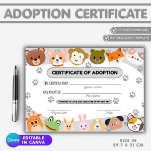 May include: A printable adoption certificate template with cartoon animal illustrations. The certificate includes fields for the adopter's name, pet's name, signature, and date. The size is 29.7 x 21 cm.