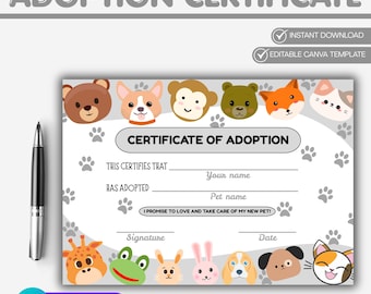 Editable Pet Adoption Certificate Template – Printable Dog & Cat Keepsake Digital Download