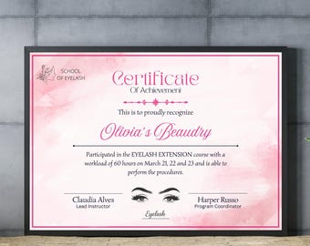 Lash Certificate Template Editable, Lash Extension Certificate of Completion, Lash Course Printable Award, Canva Instant Download