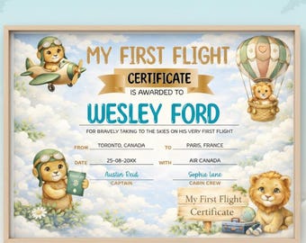 My First Flight Certificate Printable for Kids | Baby First Airplane Ride Keepsake | Personalized Travel Milestone | Instant Download