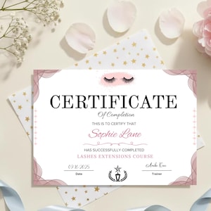 Editable lash extension certificate template for beauty training course completion printable Canva design