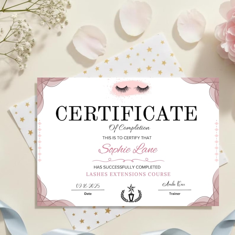 Editable lash extension certificate template for beauty training course completion printable Canva design