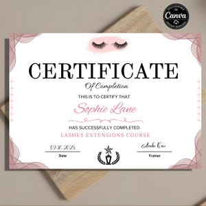 Feminine salon training certificate template for lash professionals printable diploma
