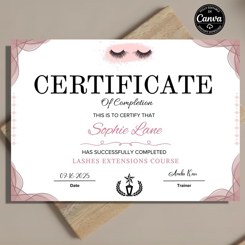 Feminine salon training certificate template for lash professionals printable diploma