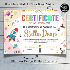 May include: A colorful certificate of achievement with the text "Certificate of Achievement" and the name "Stella Dean". The certificate has a rocket ship, planets, and other school-themed illustrations. The text "Effortless Design. Endless Creativity" is at the bottom.