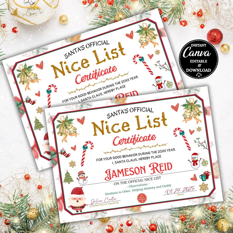 Nice List Certificate From Santa Claus – Editable Christmas Eve North ...