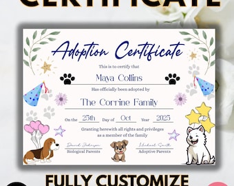Editable Adoption Certificate Template: Printable Pet Keepsake, Adopt a Puppy (Digital Download)