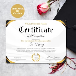 May include: A certificate of recognition with gold and black accents. The certificate includes the text "Certificate of Recognition" and "This Certificate is Proudly presented to Leo Harry". A rose and graduation cap are in the background.