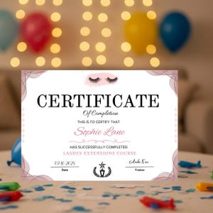Modern pink beauty certificate template for lash extension course graduation