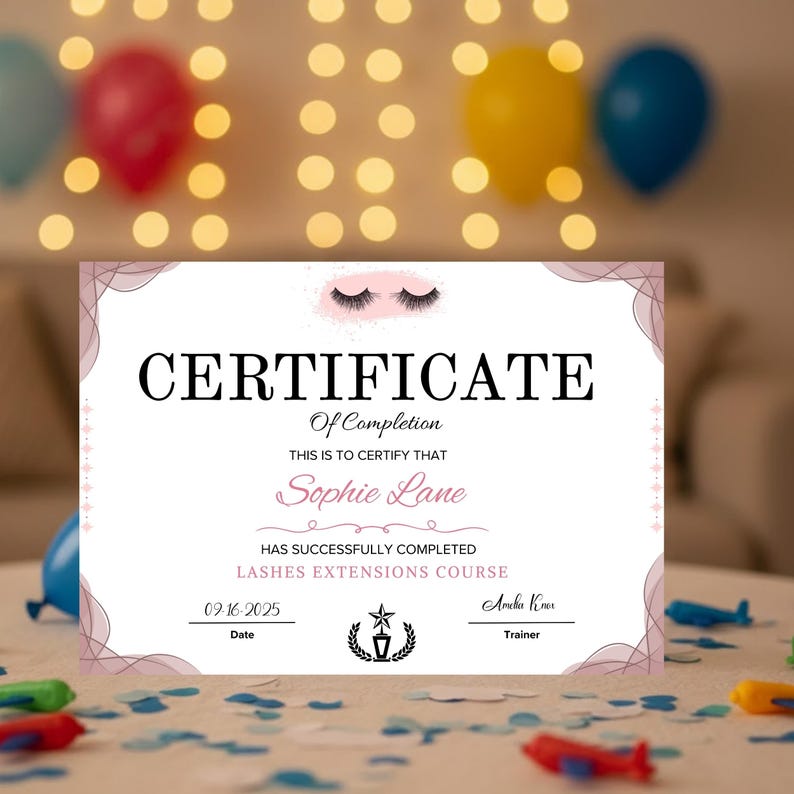 Modern pink beauty certificate template for lash extension course graduation