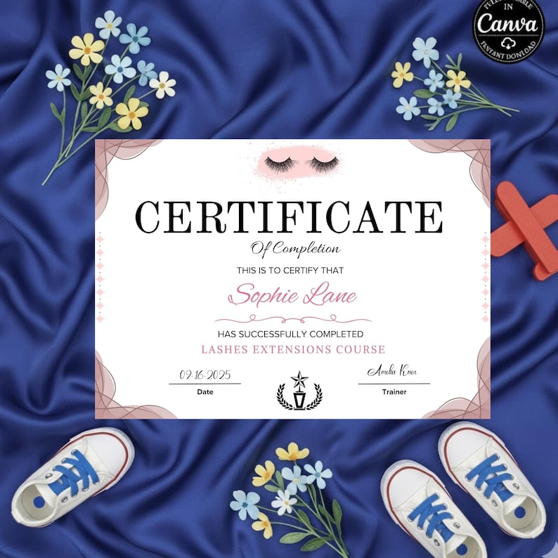 Elegant eyelash certification diploma template for salon training customizable digital download