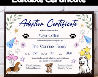 Editable Pet Adoption Certificate Template, Printable Dog & Cat Adoption Certificate, Puppy Party Favor, Instant Download