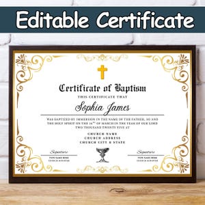 Editable Baptism Certificate Canva Template, Printable Church Baptism Certificate, Christening Certificate, Baby Dedication Certificate